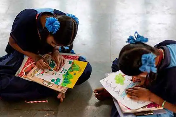 Children at art workshop, Dhamangaon ashramshala