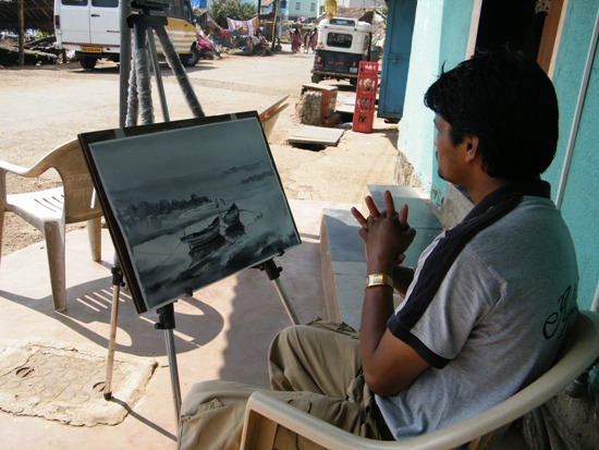 Shri. Sandeep Yadav with his finished painting during camp at Shreevardhan