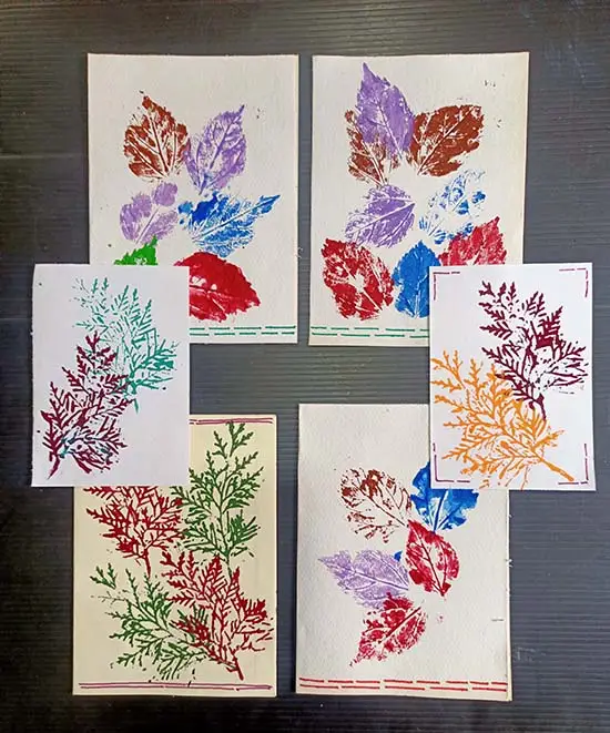 Leaf print greeting cards for Diwali created by kids