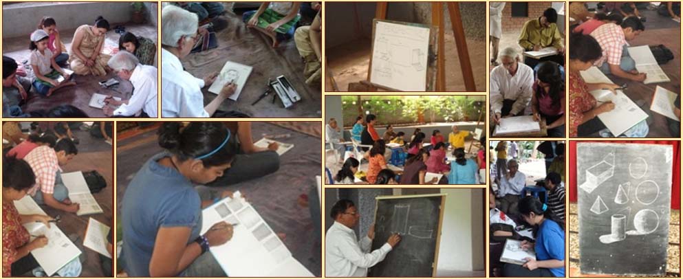 pictures from pencil and charcoal sketching workshops by Art India Foundation