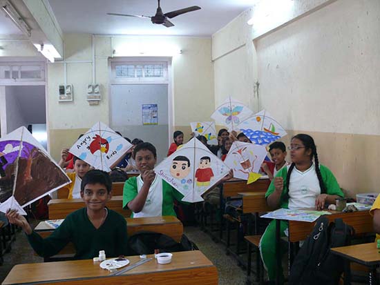 Girls & Boys with their Kite at Kite Painting Workshop