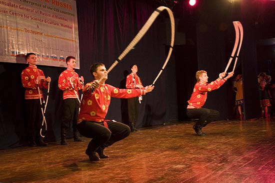 Russian boys dancing with ropes