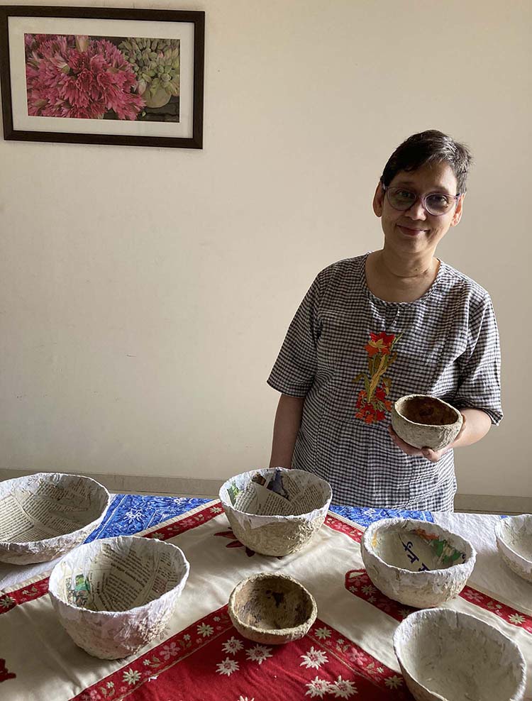 Gauri Ketkar with papier mache bowls