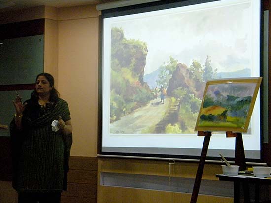 Live watercolour painting demonstration by artist Chitra Vaidya for the students of Jnana Prabodhini Prashala, Pune